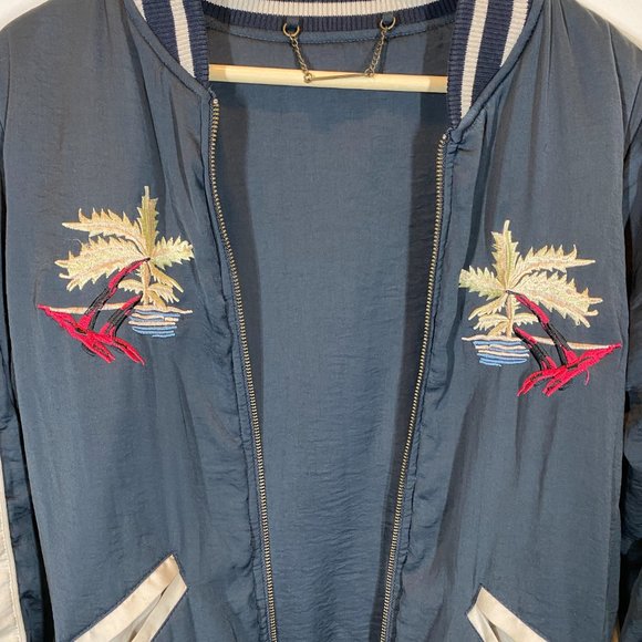 Satin Mai Tai Bomber Jacket by Capulet Hawaii Embroidered Navy & Oyster sz S - Picture 5 of 13